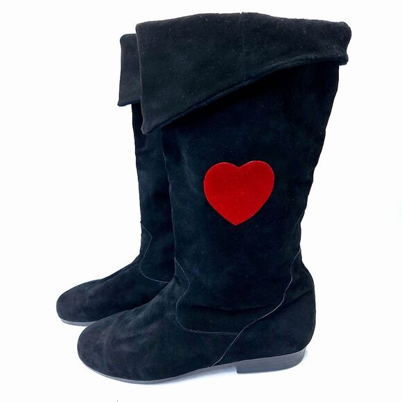 Jack Sprat Shoes - VTG 90s Jack Sprat Black Slouchy Suede Knee Boots Red Hearts Sz 8.5 S